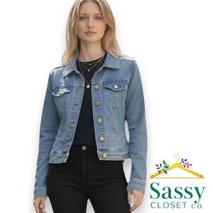 ✨ H&M Blue Stretch Denim Jacket Gold Button Contrast Stitch 6 EUC 🧵